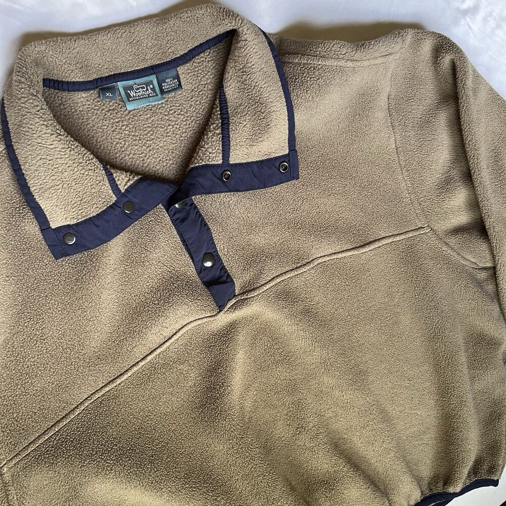 Vintage Woolrich Fleece Pullover Snap-T Men’s 90’s Beige Tan Navy Fleece